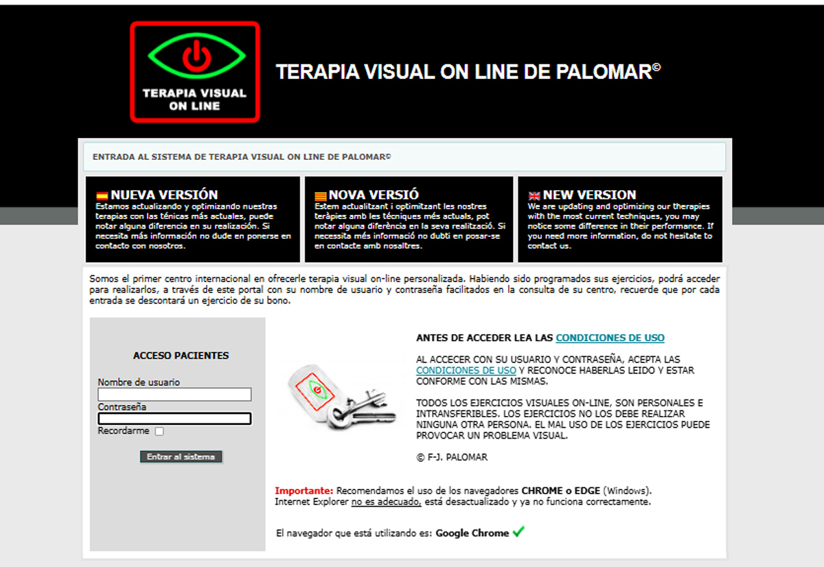 Somos el primer centro internacional que ofrecemos terapia visual on-line, a través de nuestras webs, siendo estas programadas para cada paciente en función del problema a tratar.